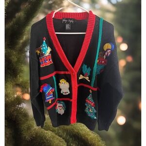 Gladys Bagley Christmas Sweater Women Size L Black Red Knit Appliqued Cardigan